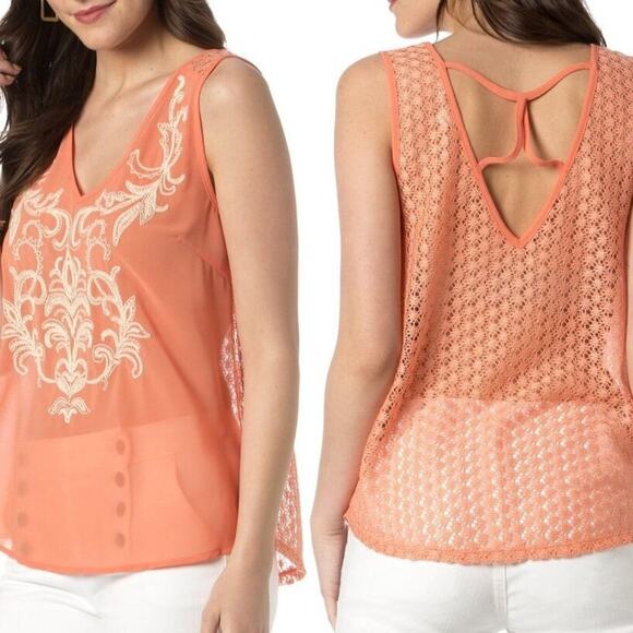 Miss Me Orange Citrus Hottie Embroidered Open-Knit Back Blouse Size Small - Picture 1 of 6